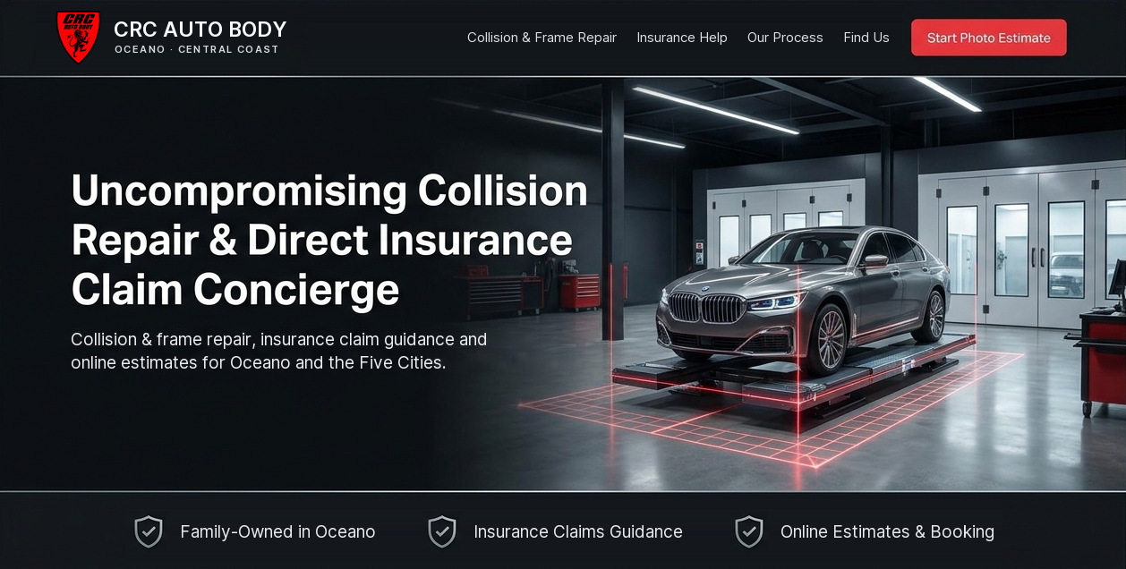 Proposed CRC Auto Body homepage with the CRC shield, service navigation and a Start Photo Estimate button